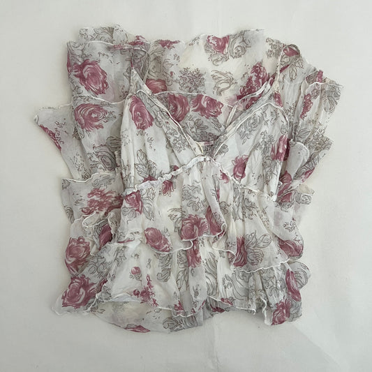 King Kong Ivory Pink Floral Eurosummer Prairie Silk Tiered Ruffle Midi Dress