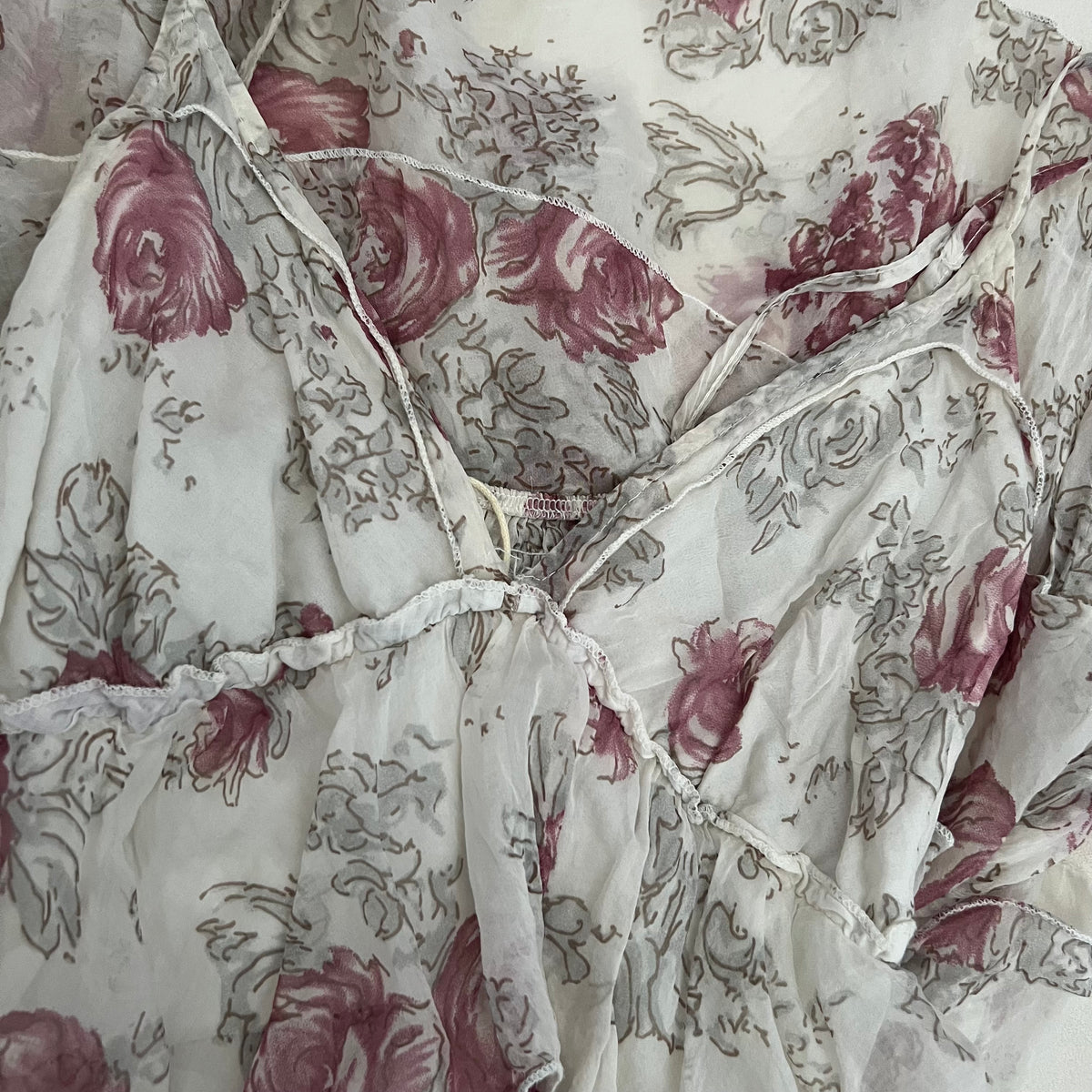 King Kong Ivory Pink Floral Eurosummer Prairie Silk Tiered Ruffle Midi Dress