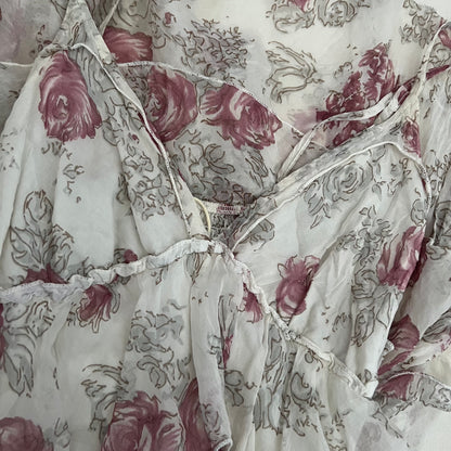 King Kong Ivory Pink Floral Eurosummer Prairie Silk Tiered Ruffle Midi Dress