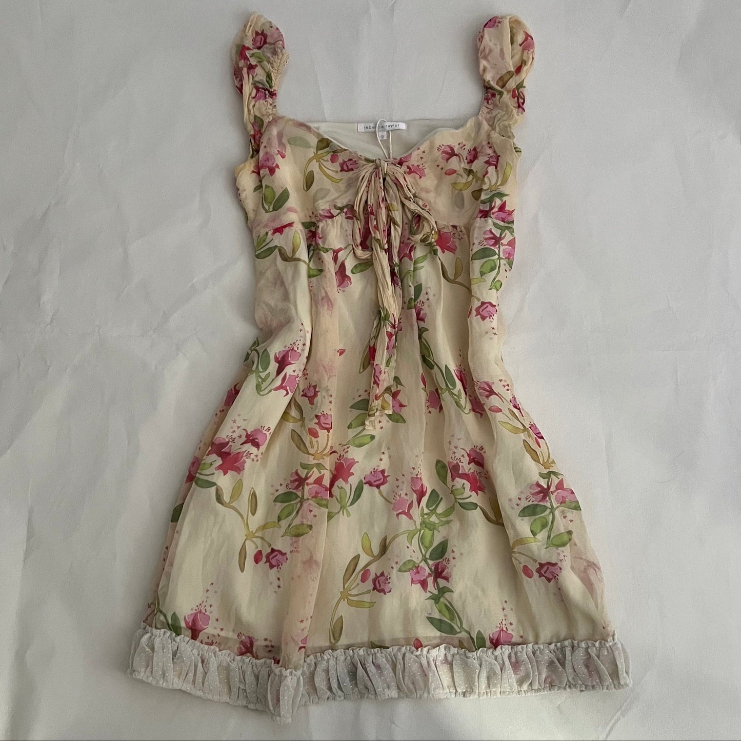Silk Beige Cream Pink Floral Rebecca Taylor Puff Sleeve Ribbon Babydoll Dress
