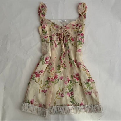 Silk Beige Cream Pink Floral Rebecca Taylor Puff Sleeve Ribbon Babydoll Dress