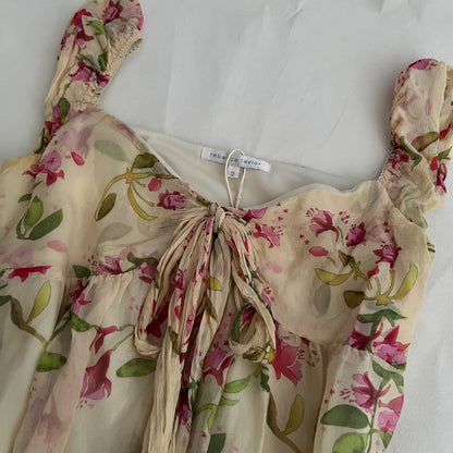 Silk Beige Cream Pink Floral Rebecca Taylor Puff Sleeve Ribbon Babydoll Dress