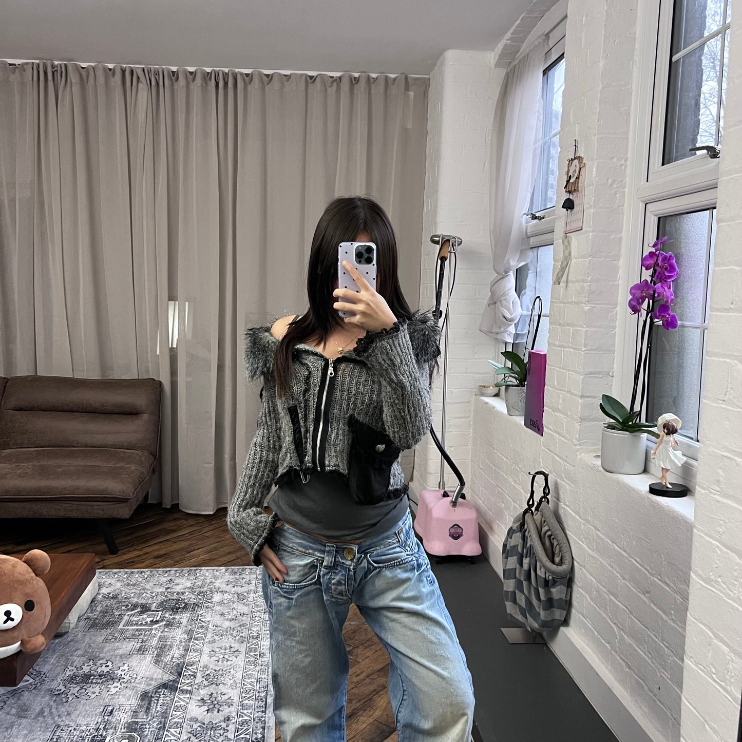 speckled grey fur trim zone bleue knit long sleeve zip cardigan jacket