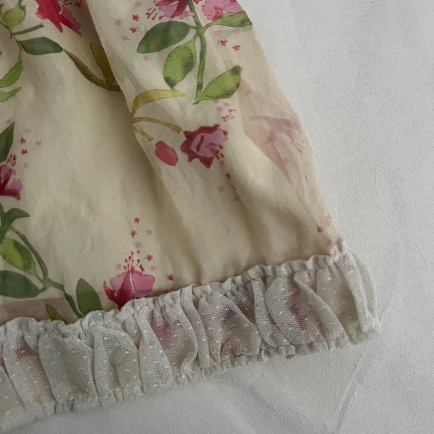 Silk Beige Cream Pink Floral Rebecca Taylor Puff Sleeve Ribbon Babydoll Dress