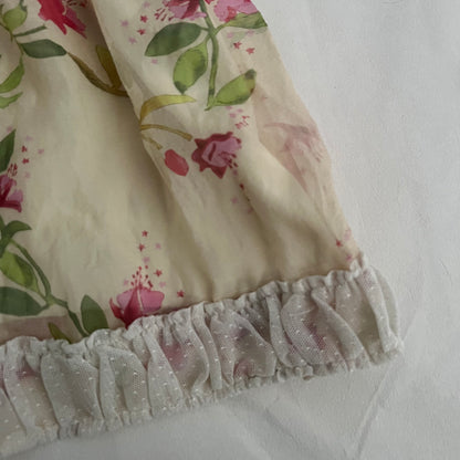 Silk Beige Cream Pink Floral Rebecca Taylor Puff Sleeve Ribbon Babydoll Dress