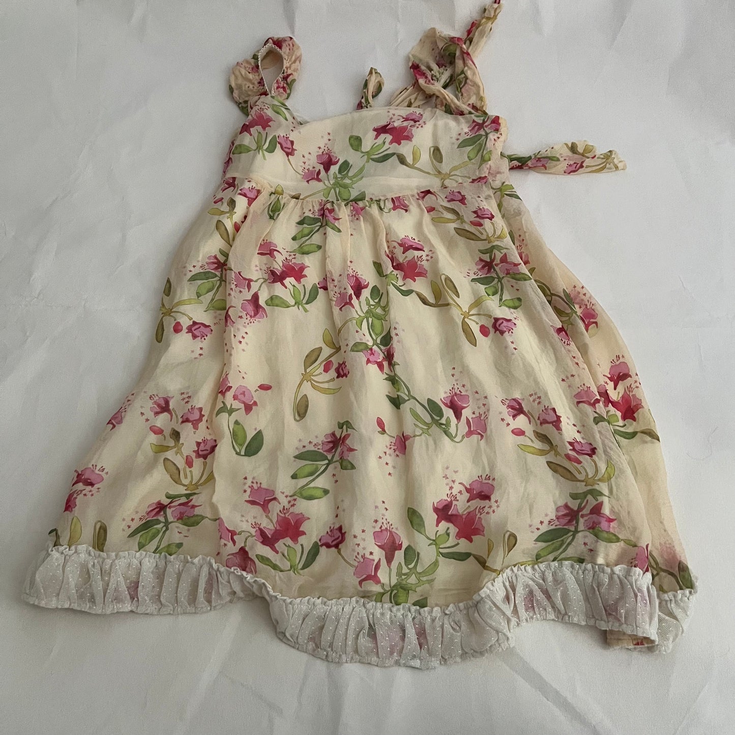 Silk Beige Cream Pink Floral Rebecca Taylor Puff Sleeve Ribbon Babydoll Dress