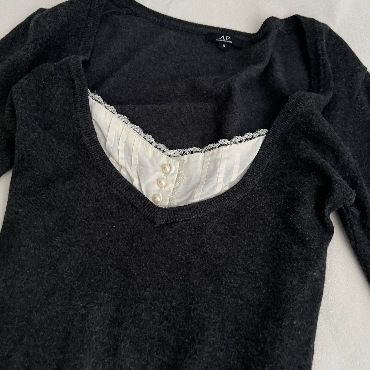 Avant Premiere Dark Grey Ivory Milkmaid Two in One Layered Bust Knit Sweater Dress