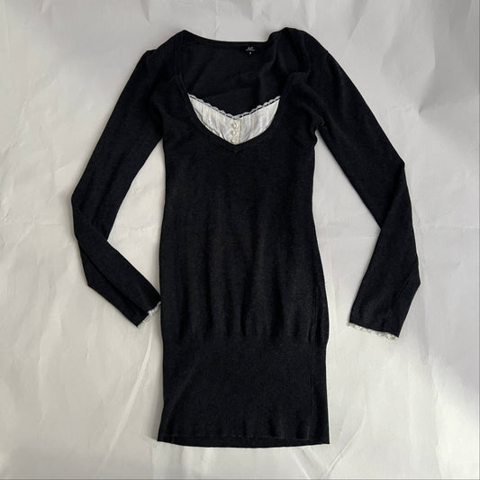Avant Premiere Dark Grey Ivory Milkmaid Two in One Layered Bust Knit Sweater Dress