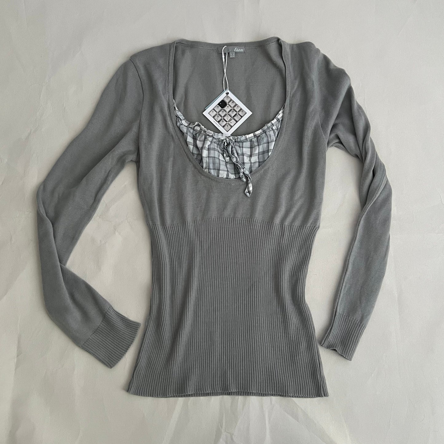 Preppy Grey Etam Milkmaid Layered Ruched Bust Long Sleeve Knit Top