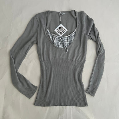Preppy Grey Etam Milkmaid Layered Ruched Bust Long Sleeve Knit Top