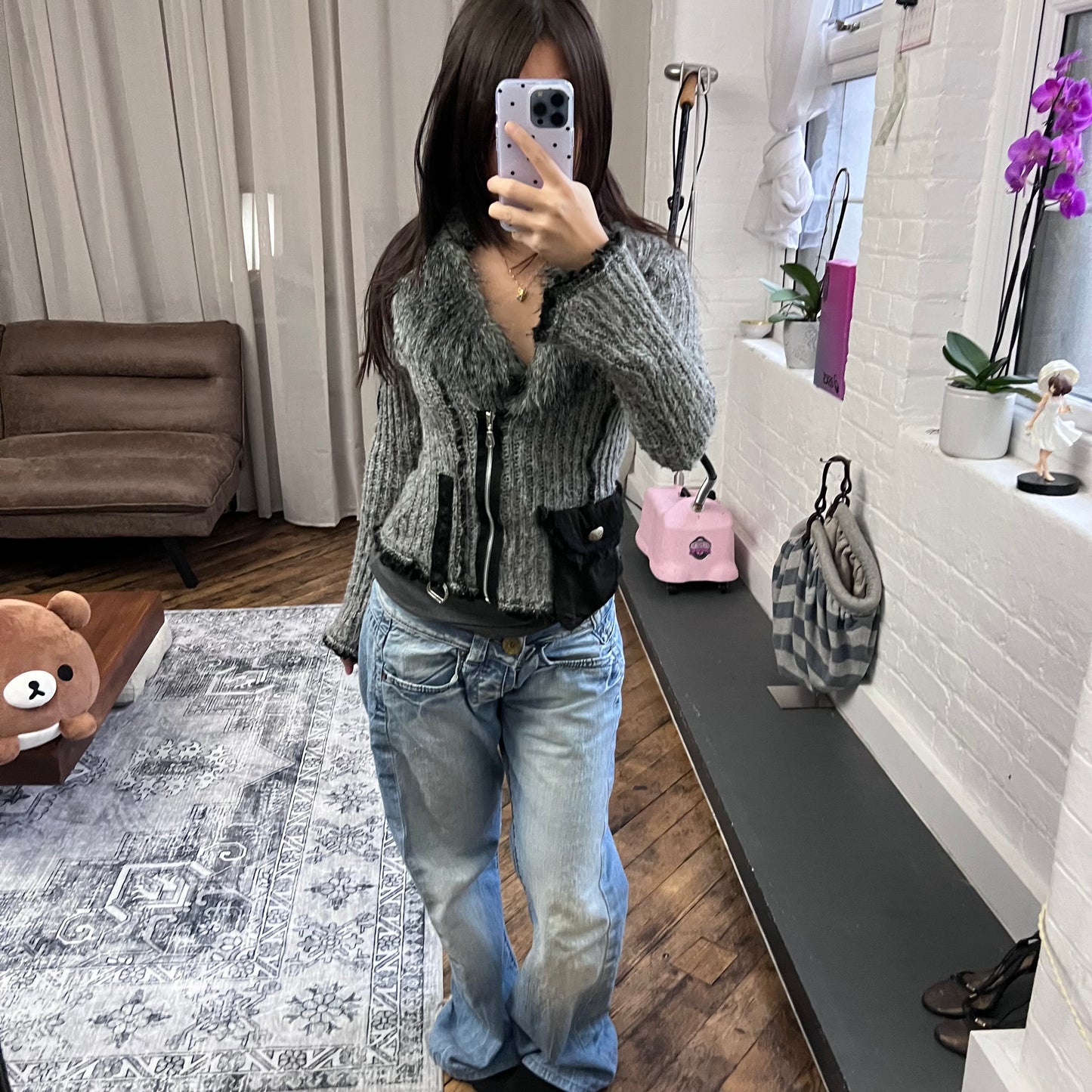 speckled grey fur trim zone bleue knit long sleeve zip cardigan jacket