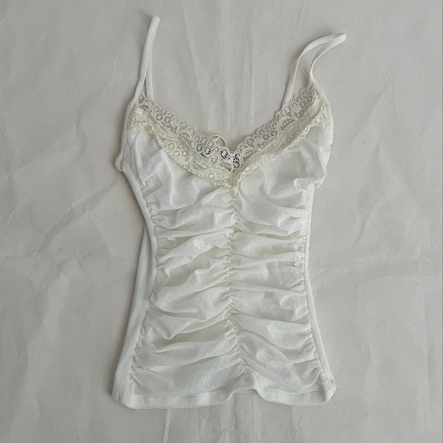 Morgan De Toi White Romantic Balletcore Cream Lace Trim Ruched Fitted Cami Top