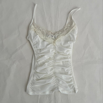 Morgan De Toi White Romantic Balletcore Cream Lace Trim Ruched Fitted Cami Top