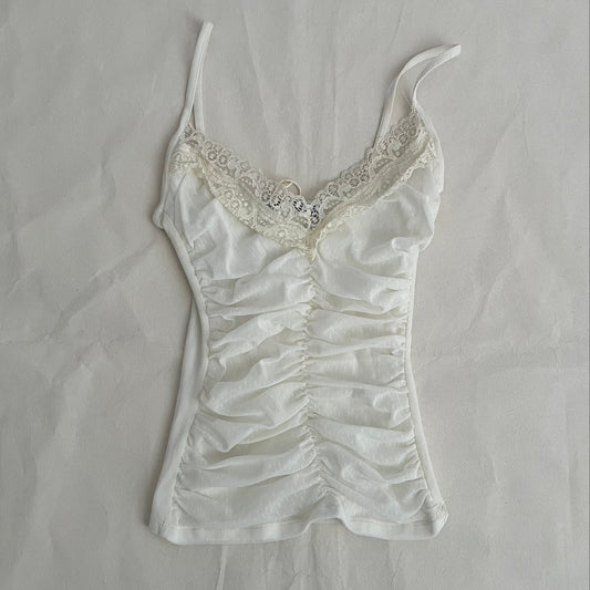 Morgan De Toi White Romantic Balletcore Cream Lace Trim Ruched Fitted Cami Top