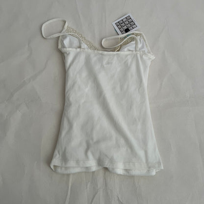Morgan De Toi White Romantic Balletcore Cream Lace Trim Ruched Fitted Cami Top