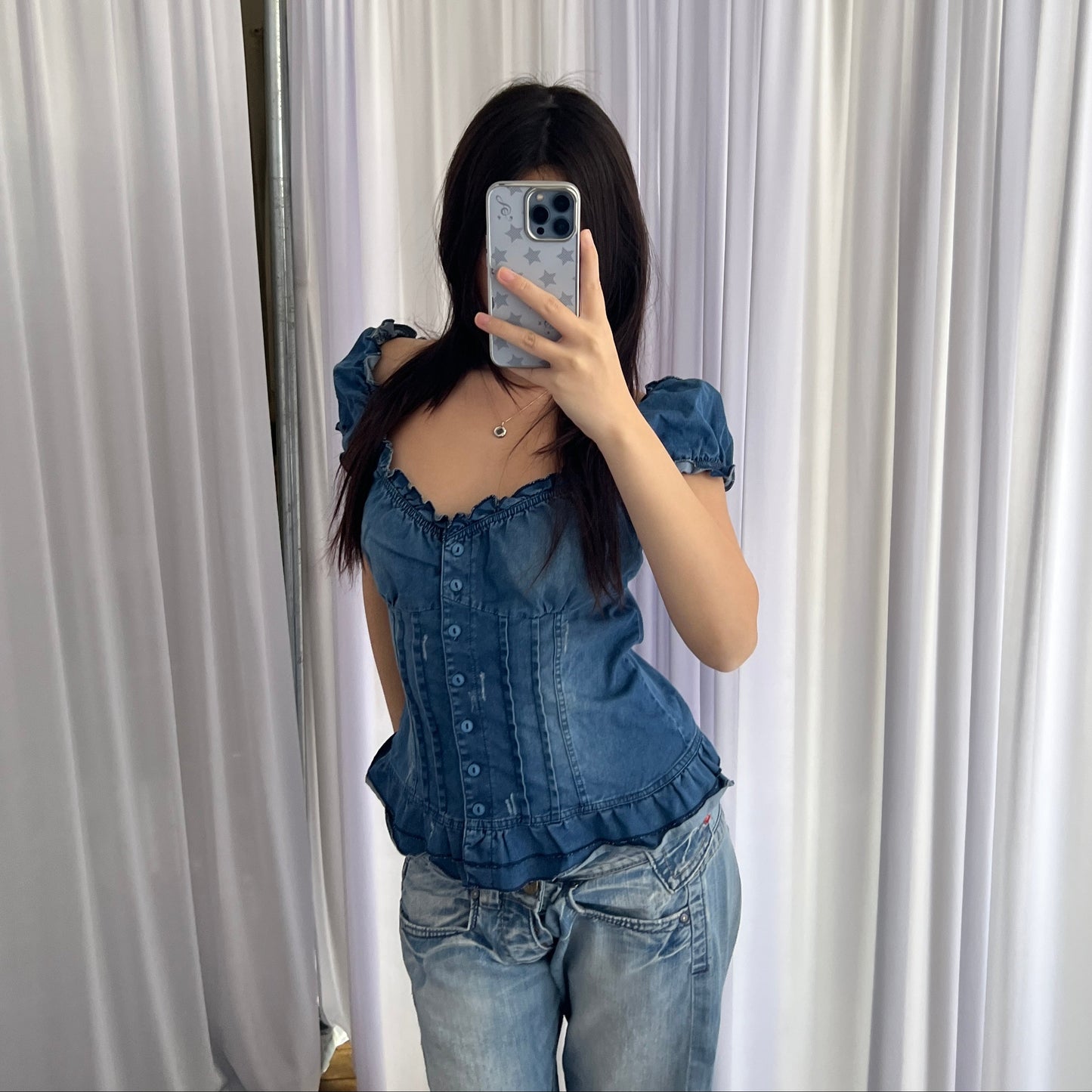 Quegapa Prairie Denim Bustier Puff Sleeve Button Lace Up Corset Blouse