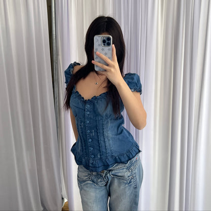 Quegapa Prairie Denim Bustier Puff Sleeve Button Lace Up Corset Blouse