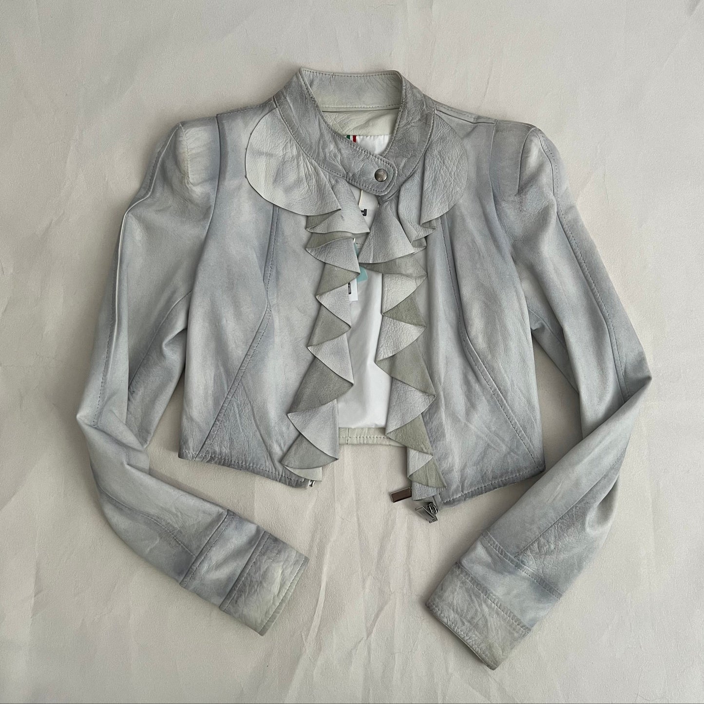 Vintage Flo & Co Light Blue Crop Ruffle Collar Leather Jacket