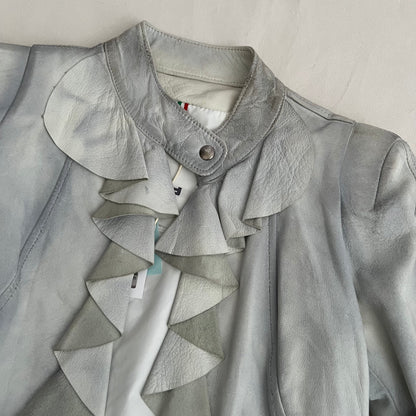 Vintage Flo & Co Light Blue Crop Ruffle Collar Leather Jacket
