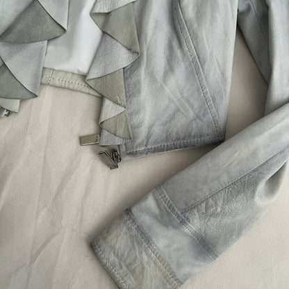 Vintage Flo & Co Light Blue Crop Ruffle Collar Leather Jacket