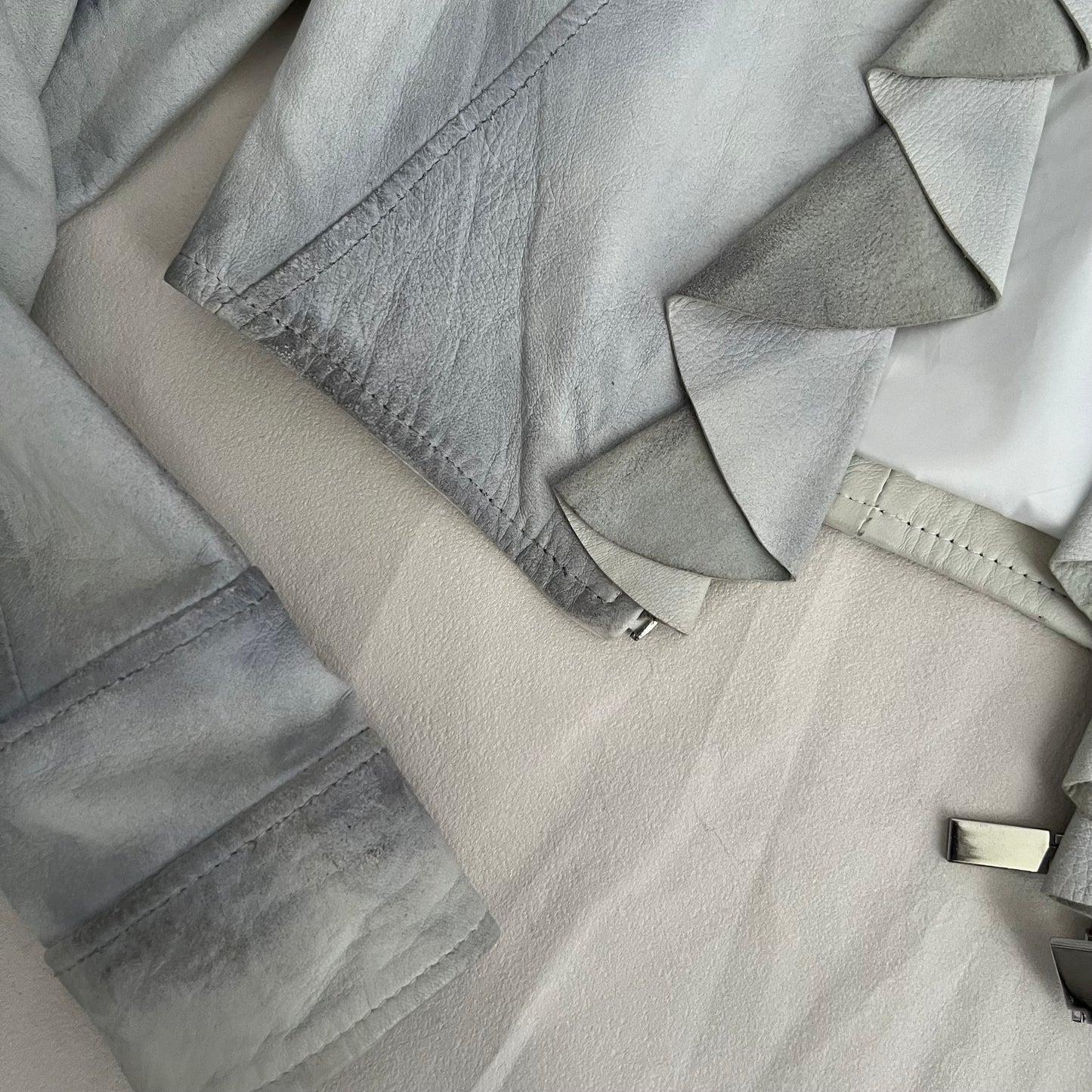 Vintage Flo & Co Light Blue Crop Ruffle Collar Leather Jacket