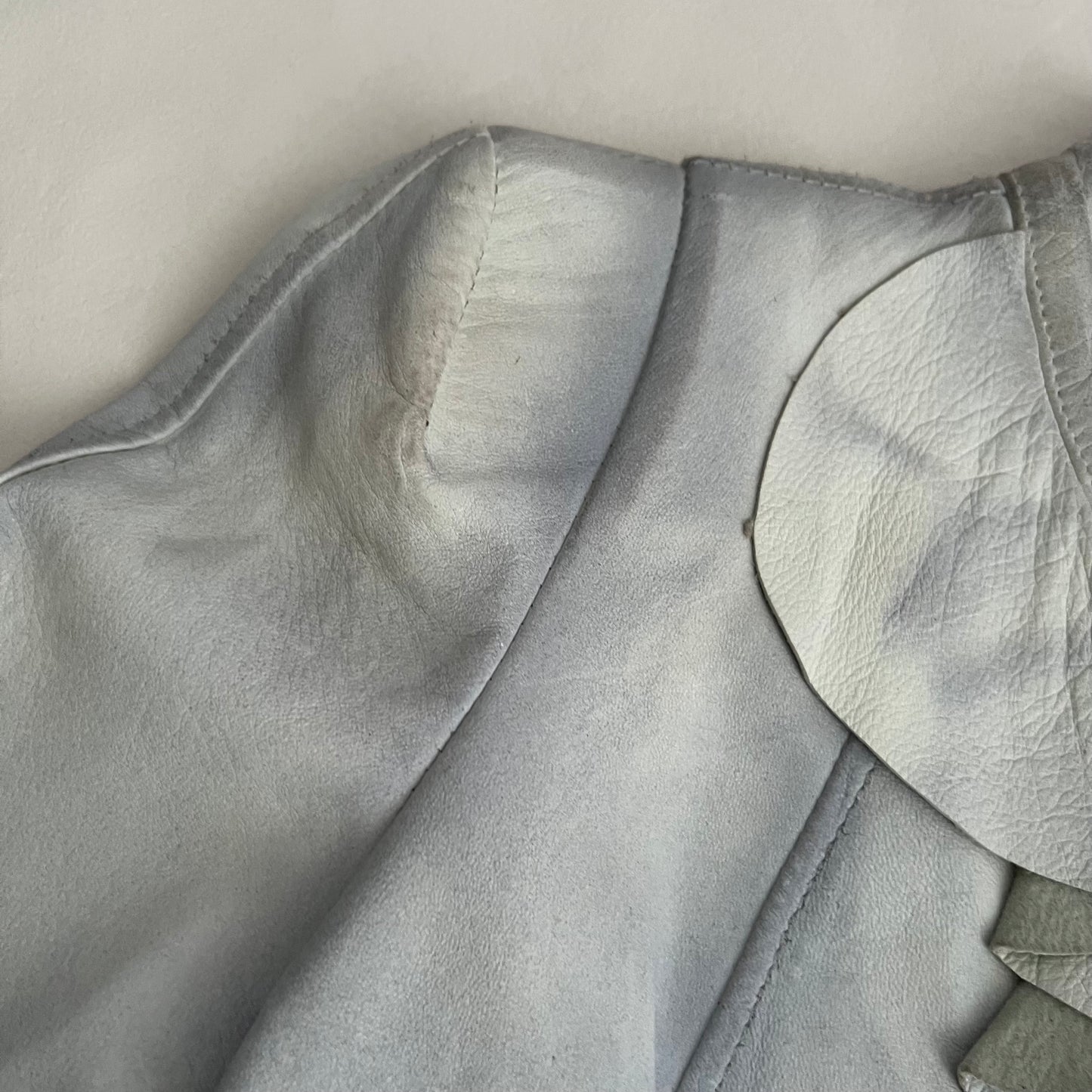 Vintage Flo & Co Light Blue Crop Ruffle Collar Leather Jacket