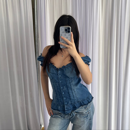 Quegapa Prairie Denim Bustier Puff Sleeve Button Lace Up Corset Blouse