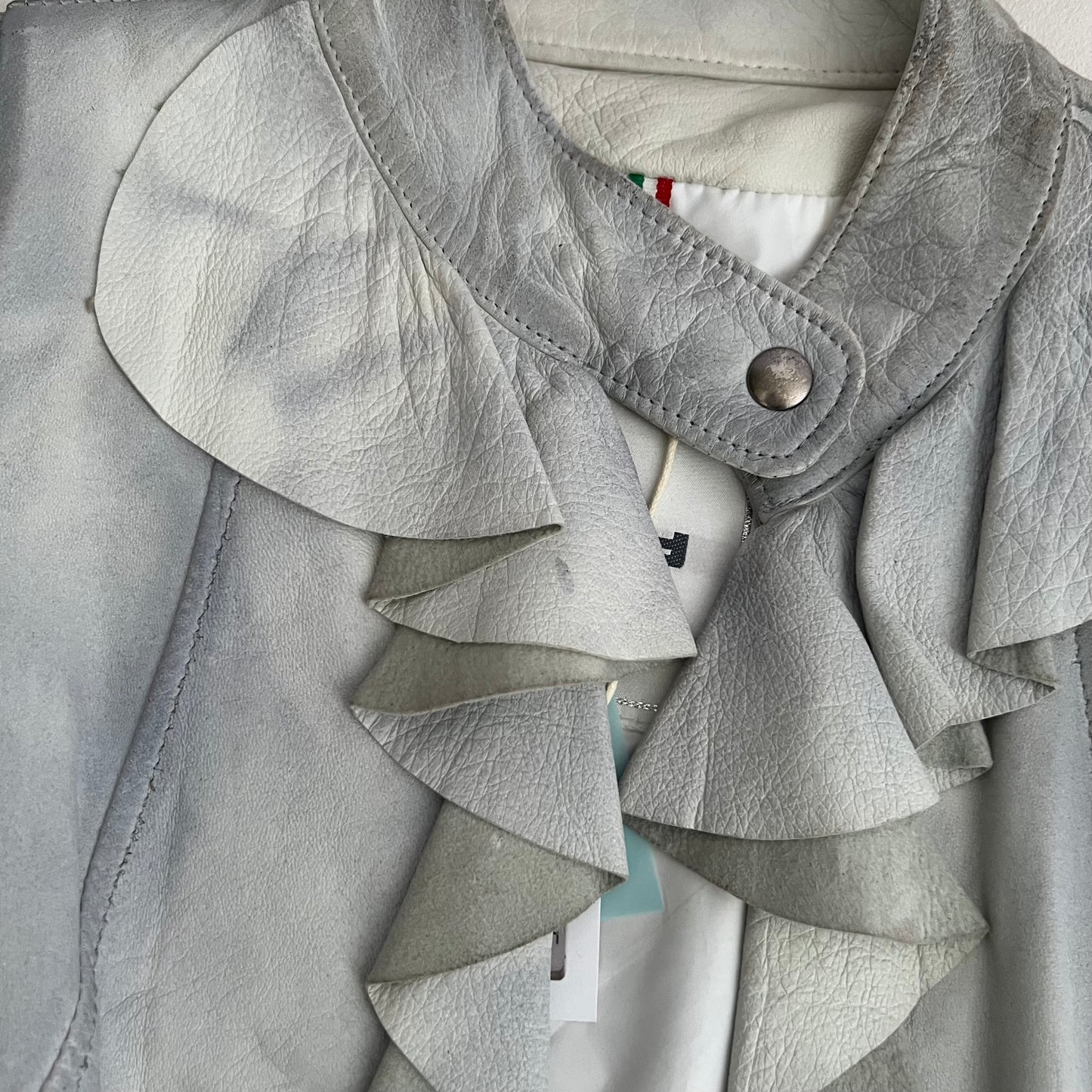 Vintage Flo & Co Light Blue Crop Ruffle Collar Leather Jacket