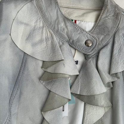 Vintage Flo & Co Light Blue Crop Ruffle Collar Leather Jacket