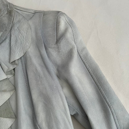 Vintage Flo & Co Light Blue Crop Ruffle Collar Leather Jacket