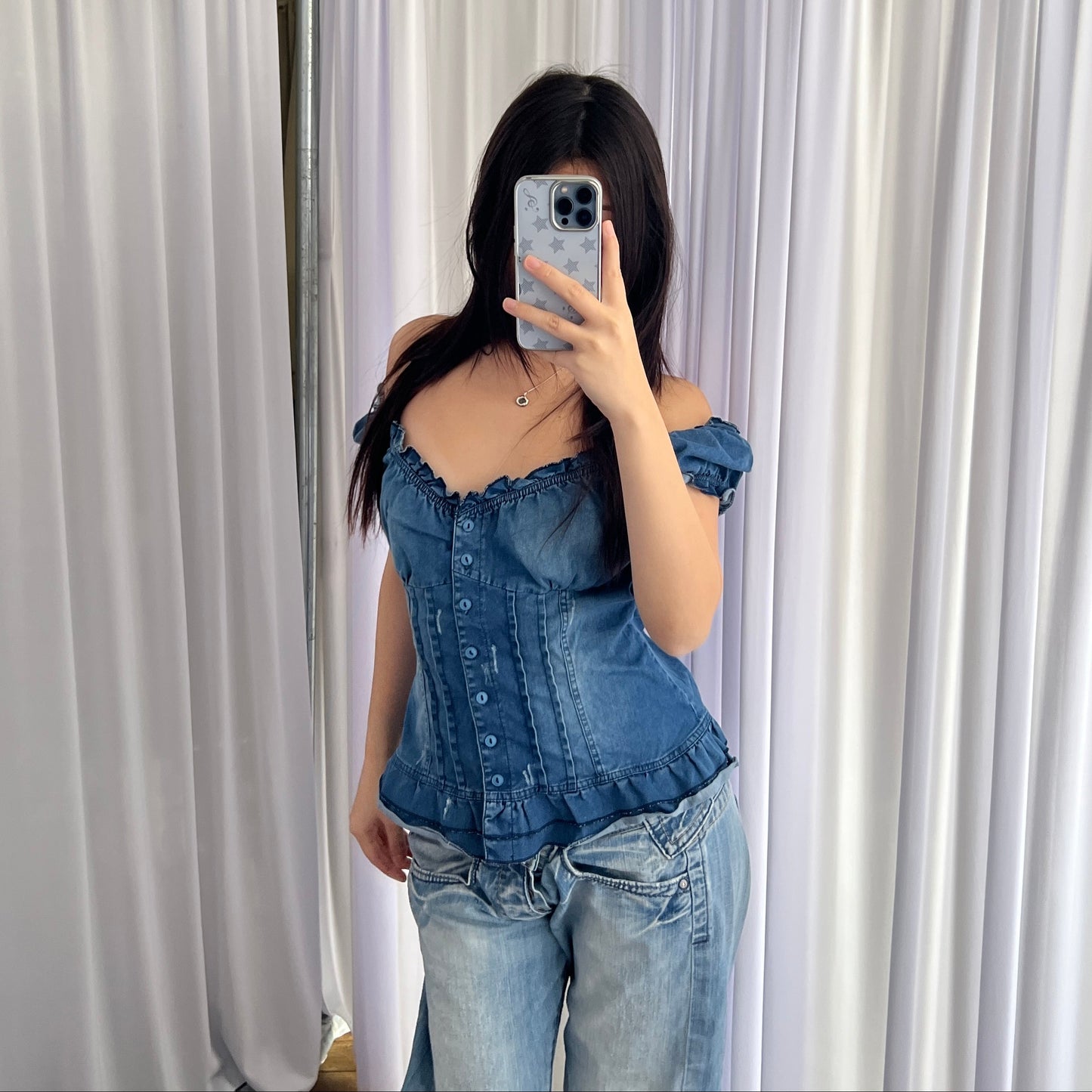 Quegapa Prairie Denim Bustier Puff Sleeve Button Lace Up Corset Blouse