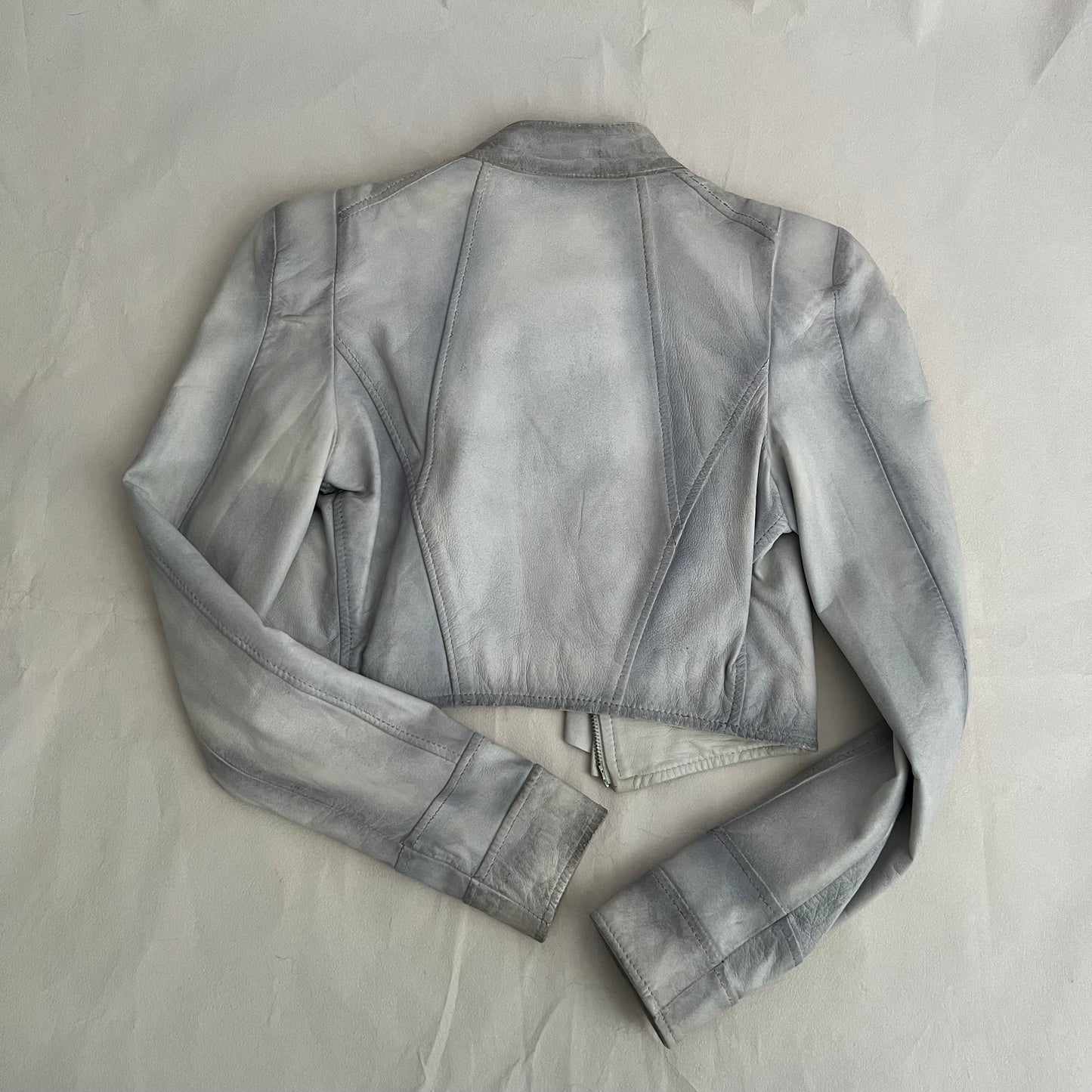 Vintage Flo & Co Light Blue Crop Ruffle Collar Leather Jacket