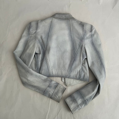 Vintage Flo & Co Light Blue Crop Ruffle Collar Leather Jacket