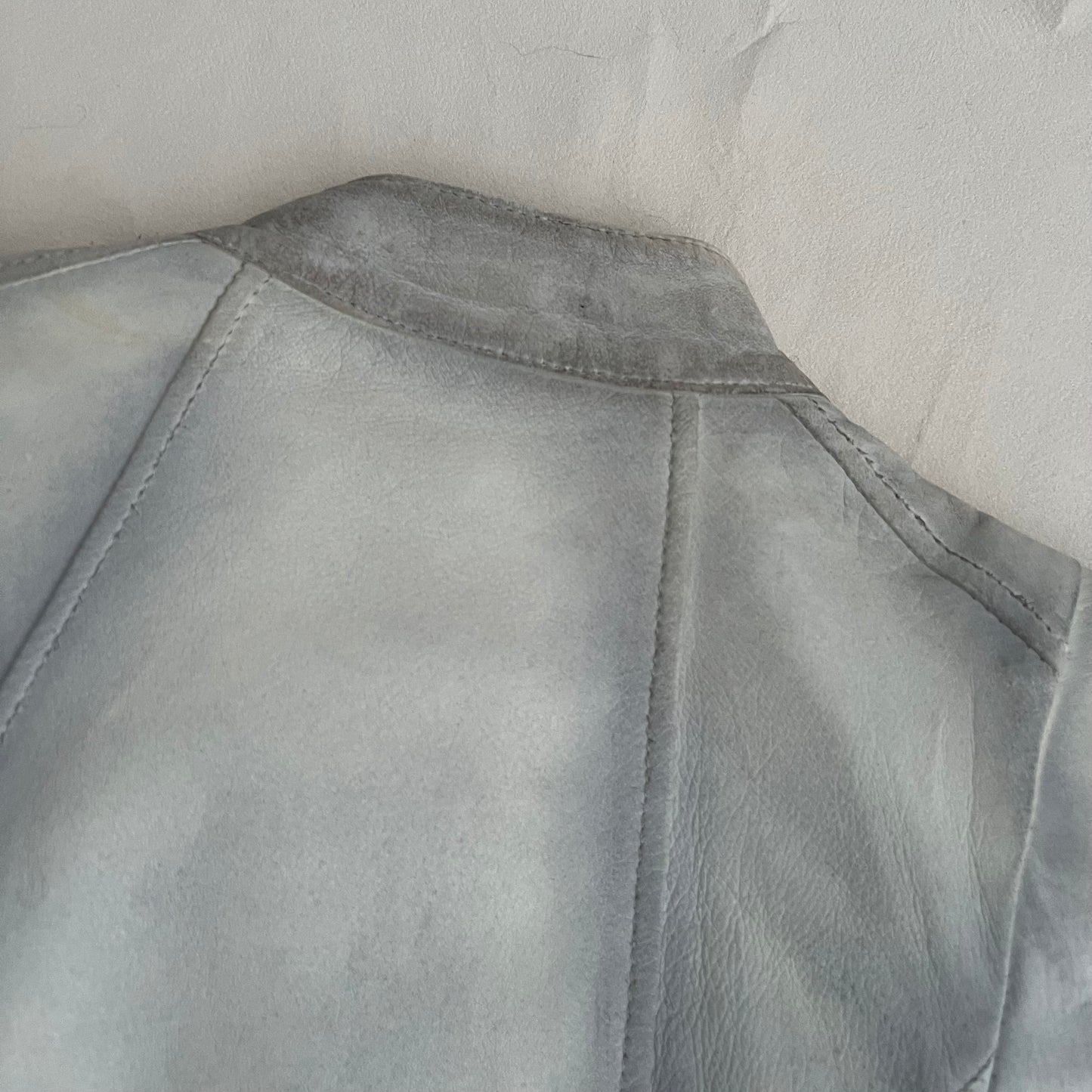 Vintage Flo & Co Light Blue Crop Ruffle Collar Leather Jacket