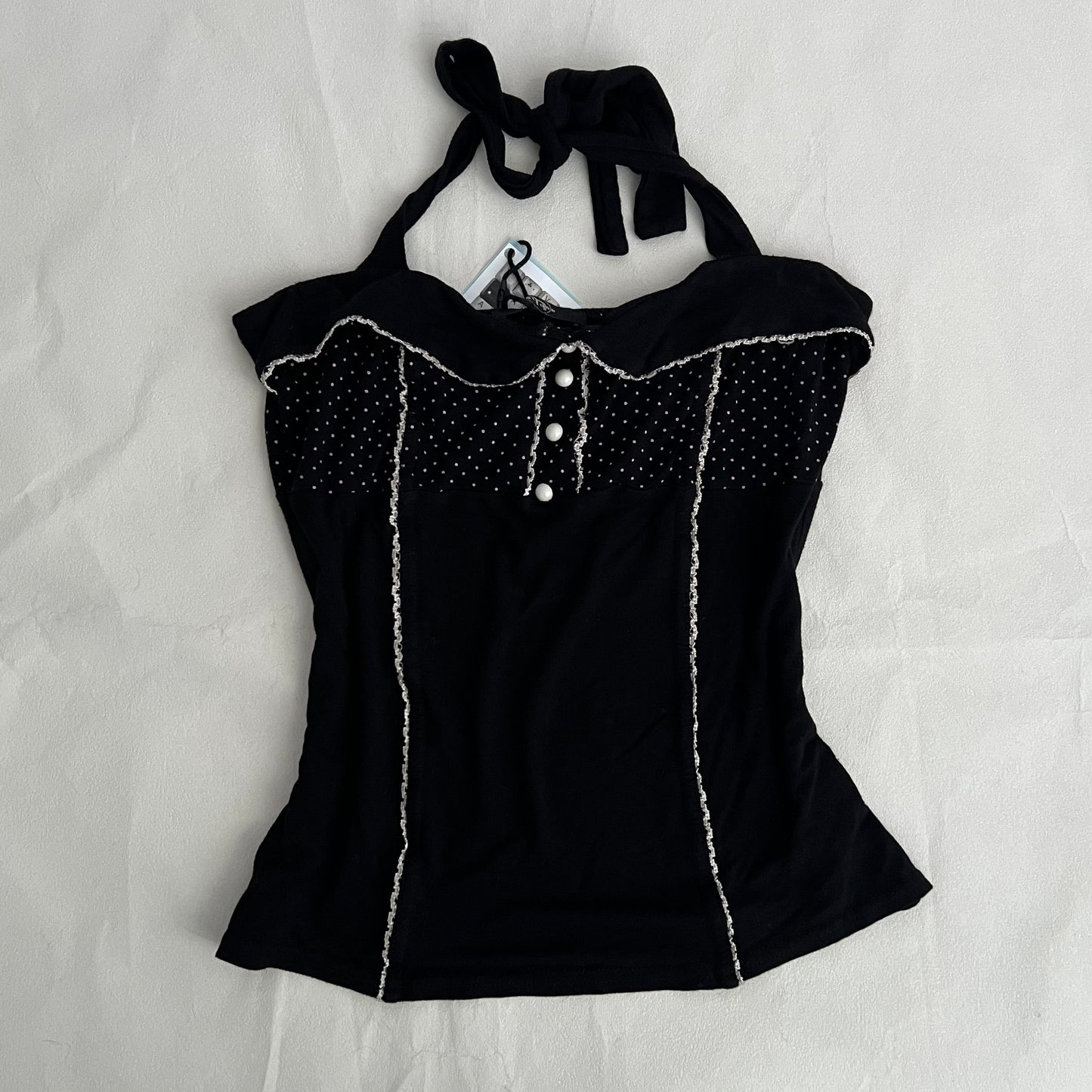 Top Studio Black Pink Polka Dot Halter Neck Folded Collar Camisole