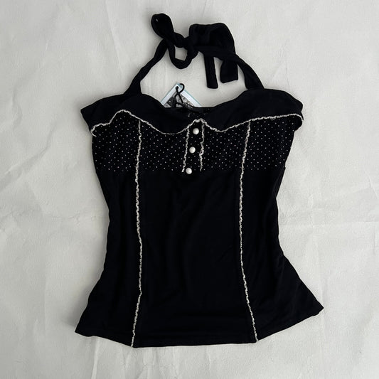 Top Studio Black Pink Polka Dot Halter Neck Folded Collar Camisole