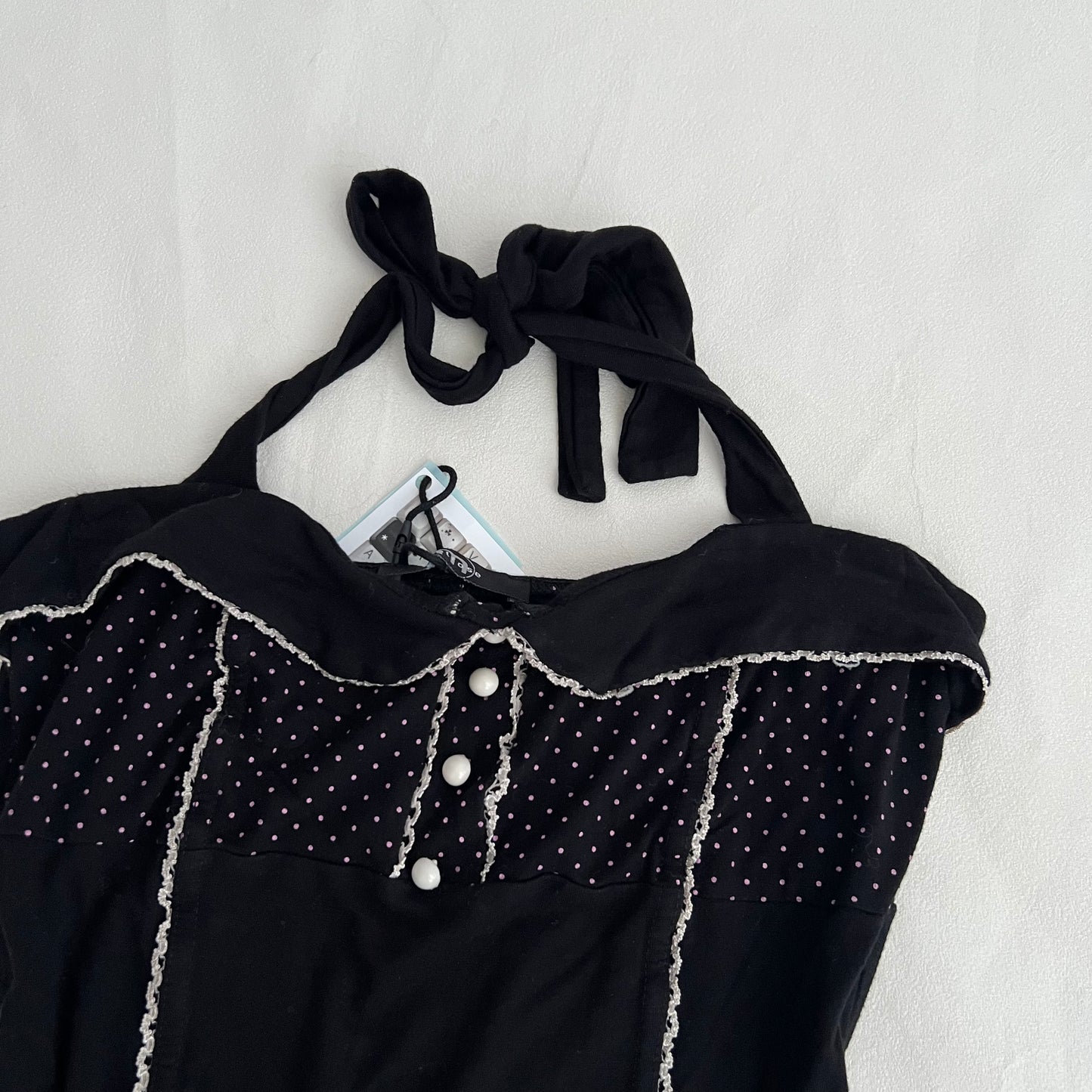 Top Studio Black Pink Polka Dot Halter Neck Folded Collar Camisole