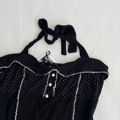 Top Studio Black Pink Polka Dot Halter Neck Folded Collar Camisole