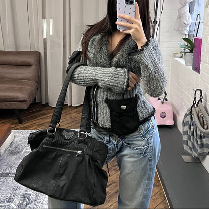 vintage diesel black leather silver wing emblem tote bag