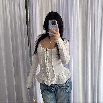 Morgan De Toi White Preppy Frilly Ruffle Hem Zip Fitted Long Sleeve Top