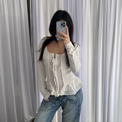 Morgan De Toi White Preppy Frilly Ruffle Hem Zip Fitted Long Sleeve Top