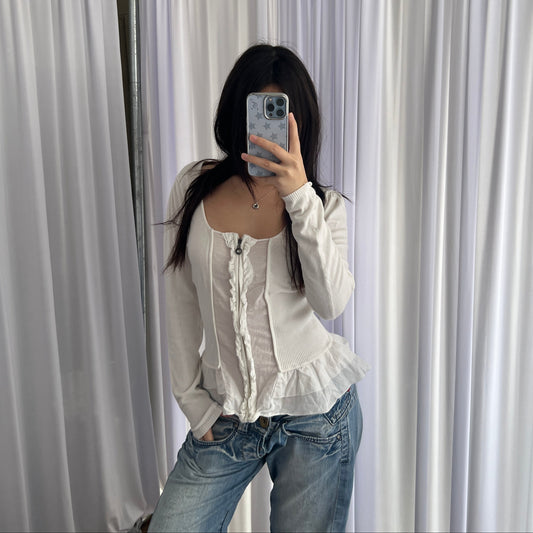 Morgan De Toi White Preppy Frilly Ruffle Hem Zip Fitted Long Sleeve Top