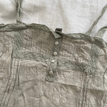 sage green mng linen cotton blend coquette romantic lacey button accent camisole