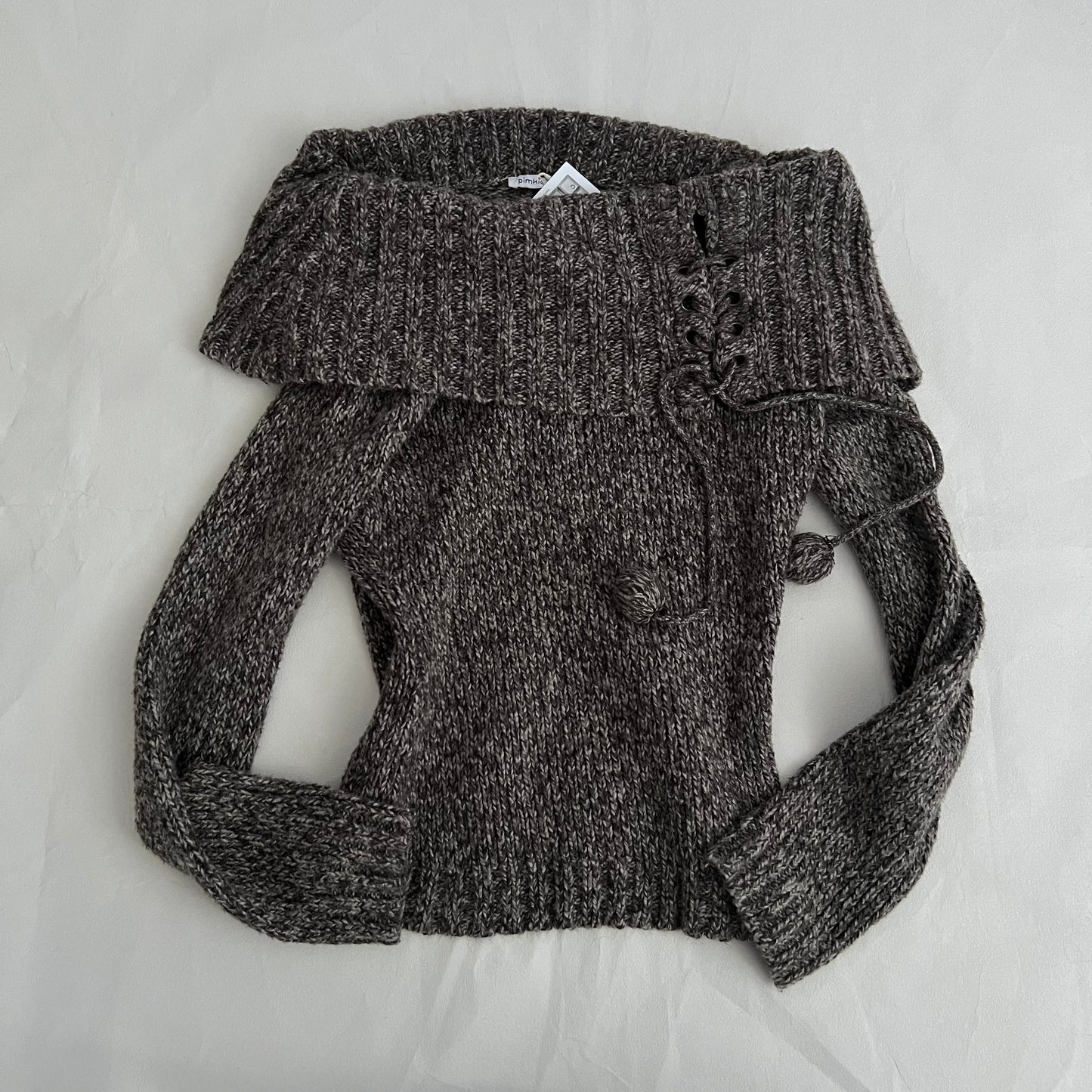 Pimkie Speckled Brown Wool Blend Pom Pom Off Shoulder Folded Knit Sweater