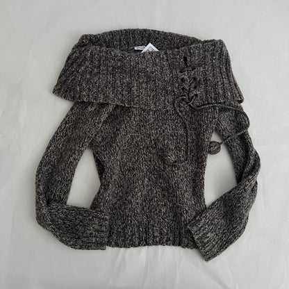 Pimkie Speckled Brown Wool Blend Pom Pom Off Shoulder Folded Knit Sweater