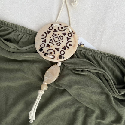 Khaki Reds Boho Eurosummer Ruched Drop Waist Charm Bandeau Tunic