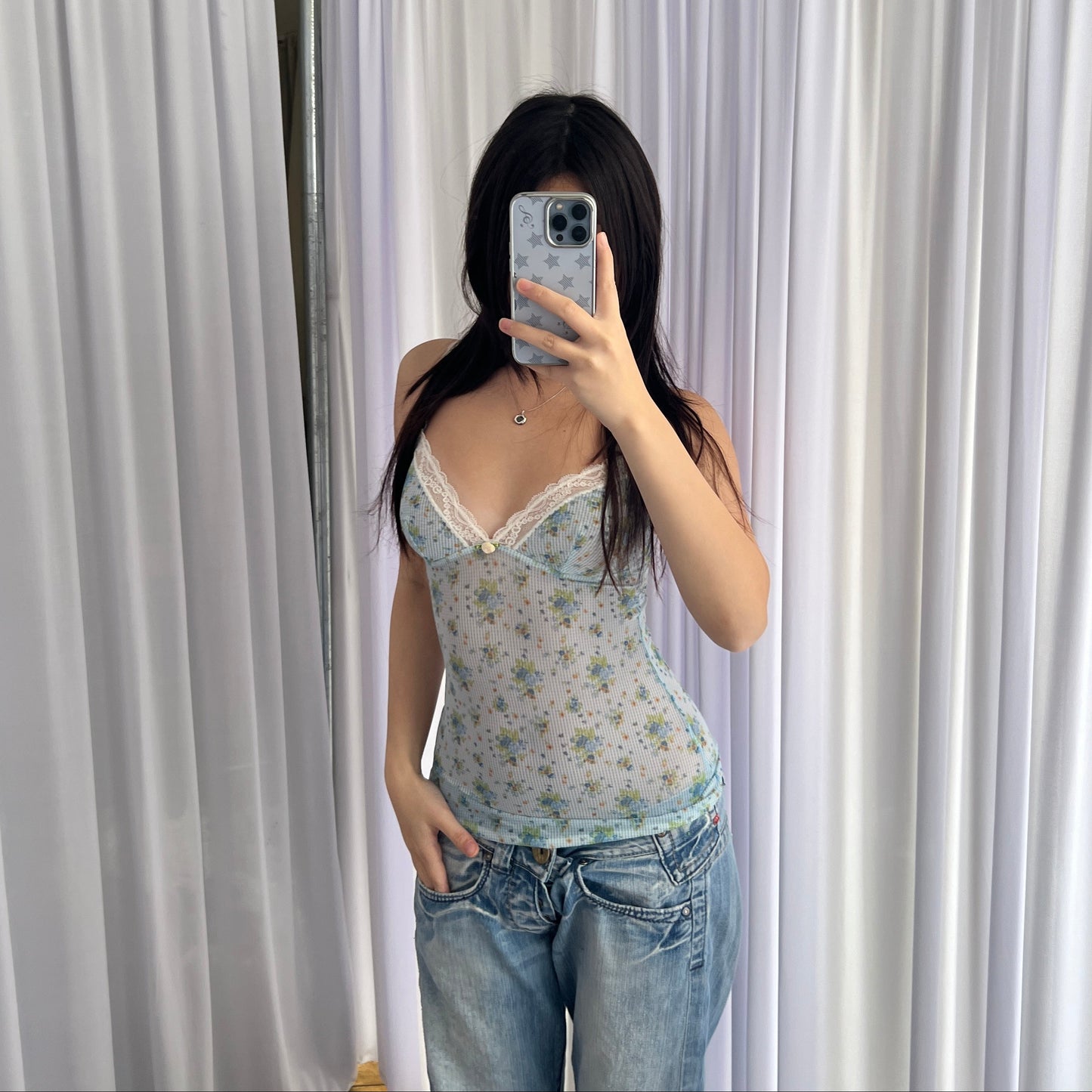 D&G Baby Blue Floral White Lace Trim Bustier Camisole