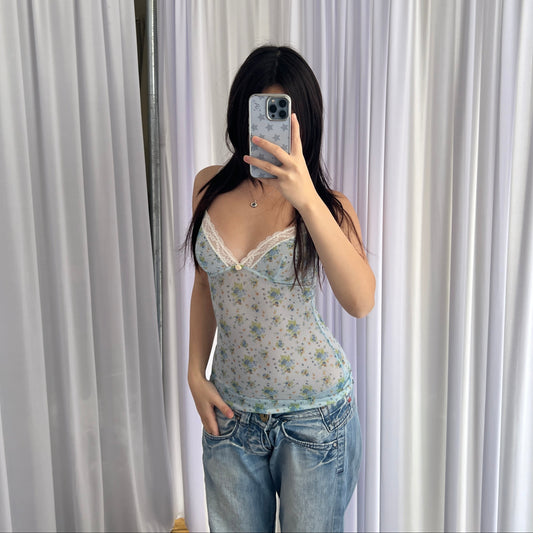 D&G Baby Blue Floral White Lace Trim Bustier Camisole