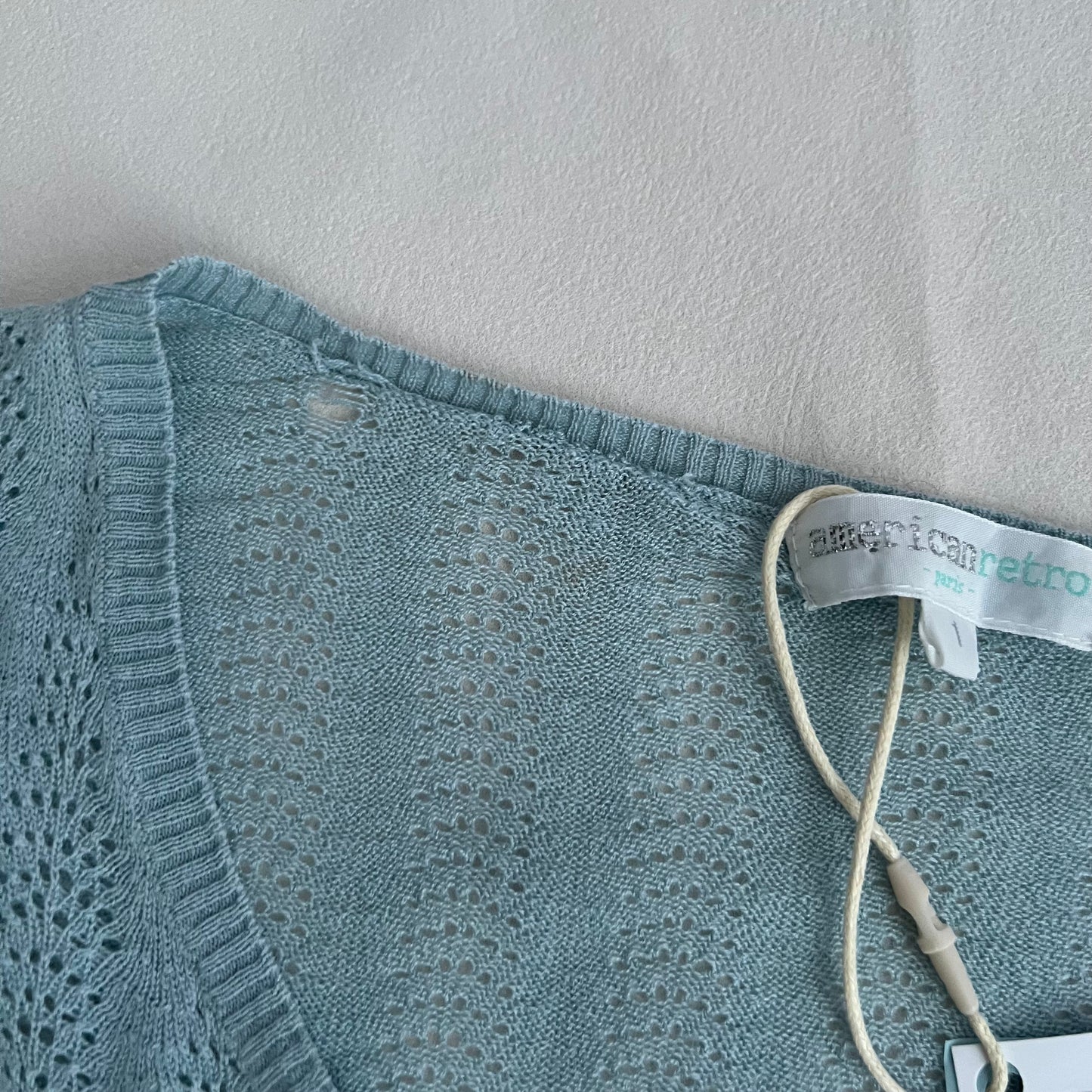 Vintage Turquoise Blue Frilly Lace Crochet Fine Knit Cardigan Top