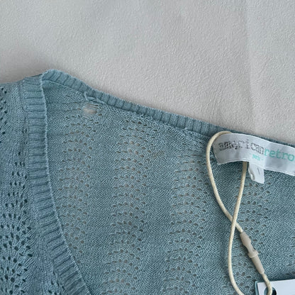 Vintage Turquoise Blue Frilly Lace Crochet Fine Knit Cardigan Top